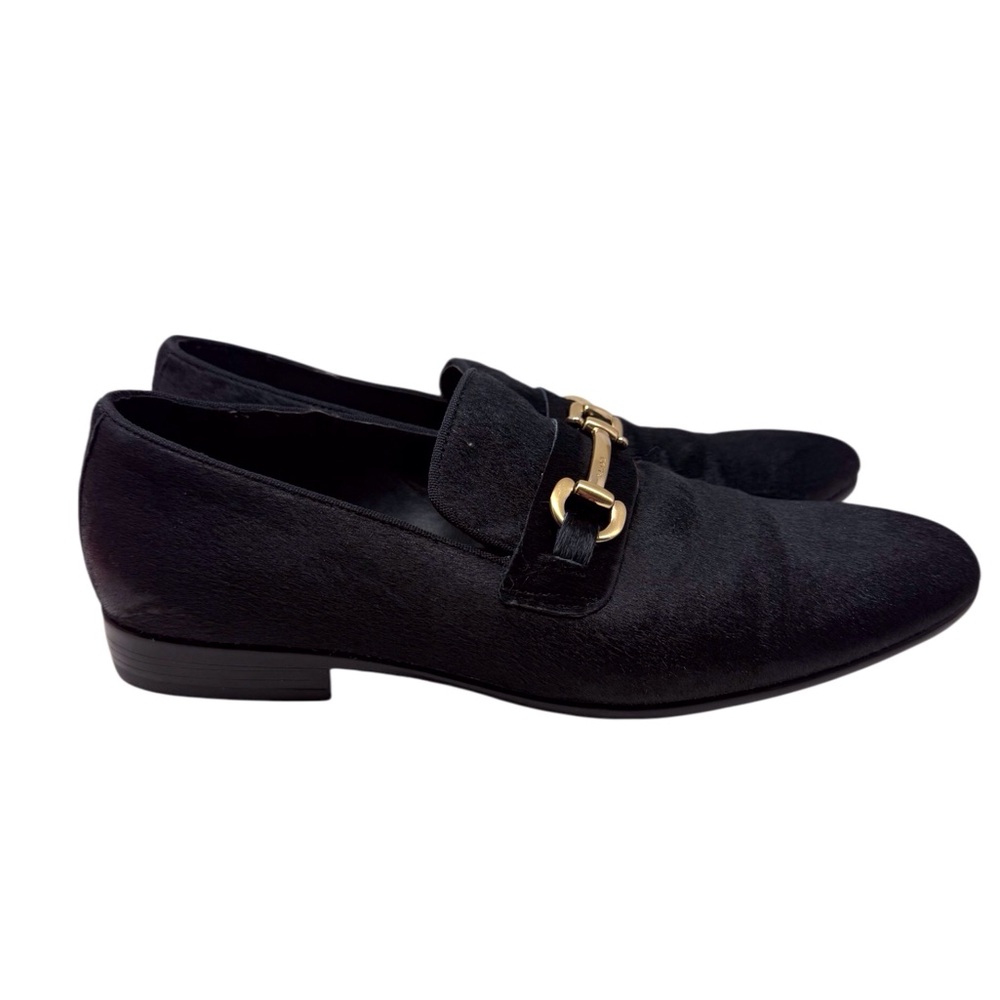 Aldo men’s black fur slip on dress loafers with gold tone buckle men’s size 9